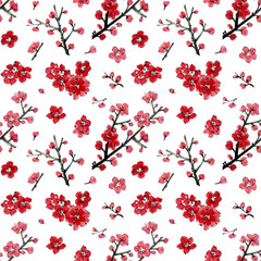 Seamless  pattern with flowers of plum mei on white background. Hand drawn watercolor.  Chinese ink painting stock illustration. Pink and red stylized  florets of wild apricot and sakura.