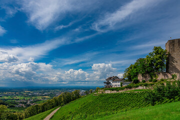 Castle Windeck in Bühl, Black Forest, Germany with a blue sky, white clouds, and green grapevine...