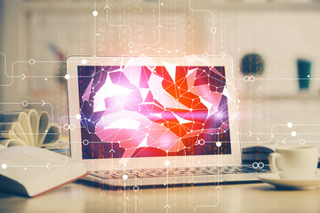 Double exposure of work space with computer and human brain drawing hologram. Brainstorm concept.