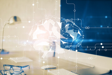Double exposure of work space with computer and human brain drawing hologram. Brainstorm concept.