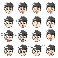 男性　顔　喜怒哀楽　バリエーション　表情　セット　笑顔　笑う　ウインク　困る　冷や汗　目を閉じる　驚く　びっくり　焦る　真っ青　怒る　呆れる　安心　青ざめる　疑う　20代　30代　男　社会人　社員　スタッフ　ビジネスマン　会社員　職業　働く　学生　学校　アニメ　マンガ　まんが　漫画　キャラクター　かわいい　