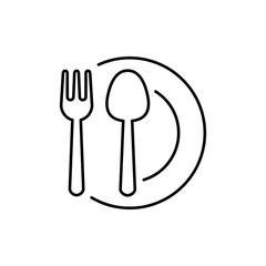 Concepto restaurante. Icono plano lineal cubiertos y plato en color negro