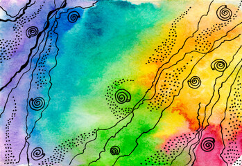 Abstract watercolor hand drawn background yellow, blue,pink, green and violet colors. Abstract lines   drawing by the gel black pen.  Perfect for printing on the fabric, design package and cover