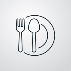 Concepto restaurante. Icono plano lineal cubiertos y plato en fondo gris