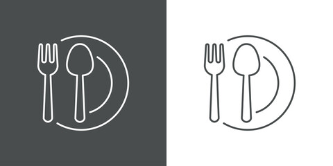 Concepto restaurante. Icono plano lineal cubiertos y plato en fondo gris y fondo blanco - obrazy, fototapety, plakaty