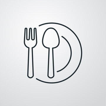 recommend clip art: Concepto restaurante. Icono plano lineal cubiertos y plato en fondo gris