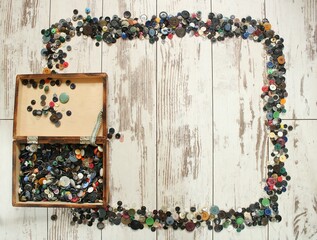 Many multi colored buttons form an abstract frame on a wooden table