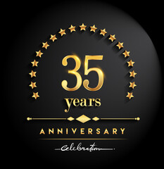 35th years anniversary celebration. Anniversary logo with stars and elegant golden color isolated on black background, vector design for celebration, invitation card, and greeting card