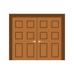 Double brown wooden door with a door jamb and two handles. Vector illustration, flat minimal cartoon design, isolated on white background, eps 10.