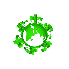 Planet earth with plants, buildings, houses in a circle. Vector icon, flat design, eps 10. Concept: environmental protection, green world, earth day.