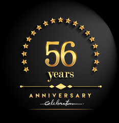 56th years anniversary celebration. Anniversary logo with stars and elegant golden color isolated on black background, vector design for celebration, invitation card, and greeting card