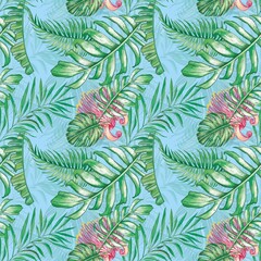 Tropical seamless print. With bright exotic flowers and leaves. Great for packaging, fabric and posters.