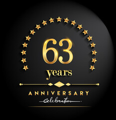 Fototapeta na wymiar 63rd years anniversary celebration. Anniversary logo with stars and elegant golden color isolated on black background, vector design for celebration, invitation card, and greeting card