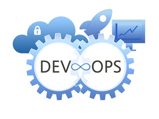 DEVOPS concept. Developers and operations symbols. Cloud security, rocket, monitor, gears. Illustration in blue. White background.