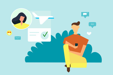 Guy is texting with the girl. Virtual relationship, acquaintance in social network. illustration in flat style