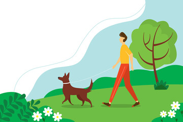 Man walking with the dog in the Park. The concept of an active lifestyle. Cute summer illustration in flat style.
