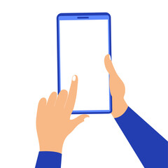 A blank, white screen smartphone. Hold hands, touch finger touch. Blank for inserting text. Flat design, vector cartoon, isolated on white background, eps 10.