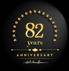 Fototapeta na wymiar 82nd years anniversary celebration. Anniversary logo with stars and elegant golden color isolated on black background, vector design for celebration, invitation card, and greeting card