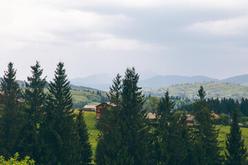 Hiking to mountain village at summer season, travel concept, Ukraine
