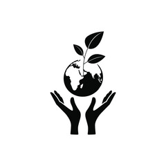 Icon hands holding a sprout, plant and planet earth. Concept: protect the earth, ecology, nature, planet. Flat vector design, black silhouette, isolated, white background.
