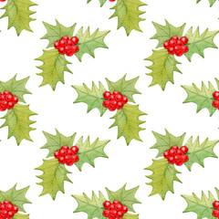 Festive endless texture. Watercolor of Ilex or holly. Soft color, contour, hand drawn.