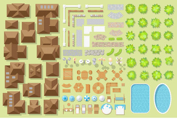 Set of landscape elements. Houses, architectural elements, furniture, plants. Top view. Fences, paths, lights, furniture, houses, trees, pools. View from above. 