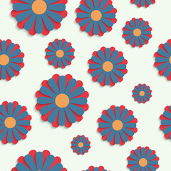Seamless pattern. Geometric flowers with blue and red petals and with shadow on a white background.