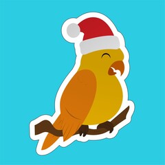 Sticker of Yellow Bird Wearing a Santa Hat Cartoon, Cute Funny Character, Flat Design