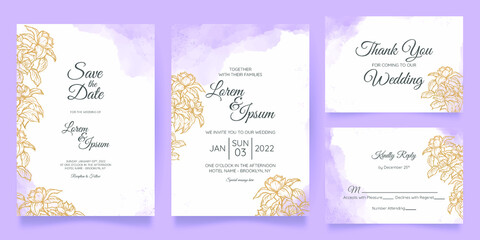 watercolor wedding invitation card template set with floral decoration