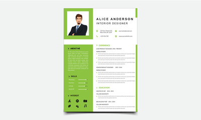 Clean Resume Layout with Green and White Accents full  editable