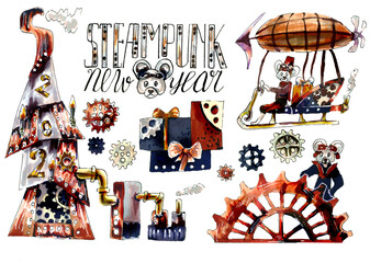 Set of 11 steampunk Christmas tree decorations. Hand-drawn watercolor. Isolated on white. The concept of holidays.Steam engine Christmas tree, rat and airship mouse and equipment, gifts