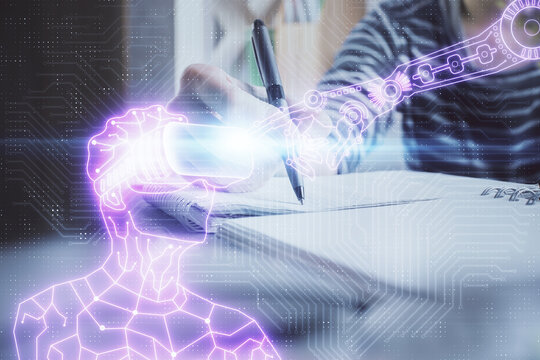 AR hologram over woman's hands taking notes background. Concept of augmented reality. Multi exposure