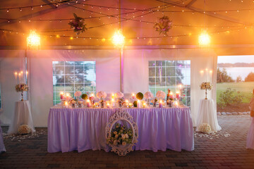 Interior of a wedding tent decoration ready for guests