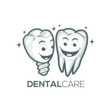 Cartoon dental implant and teeth.  Funny vector illustration, Design element for logo, poster, card, banner, emblem, t shirt. Vector illustration