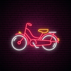 Fototapeta premium Neon bike sign. Glowing retro Bicycle emblem on brick wall background. Vector illustration in neon style.