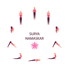 Vector flat illustration of yoga poses. Salutation to the sun icons.  Surya namaskar sequence.