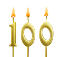 Golden birthday candle isolated on white background, number 100