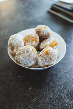 Serbian homemade donuts with vanilla sugar on the table