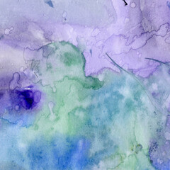 Watercolor illustration. Texture. Watercolor transparent stain. Blur, spray. Violet and blue.