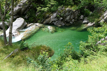 View of the scenic emerald green river in the valley Valle Verzasca near Locarno in Switzerland