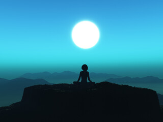 3D female in yoga pose on clifftop against sunset sky