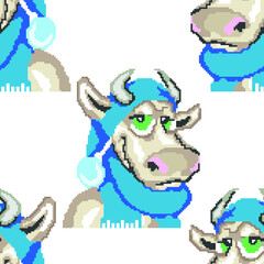 Seamless pattern pixel bull in a New Year`s blue hat. Design is suitable for wallpaper in a nursery, textiles, fabric, wrapping paper, gift wrapping, printing on a T-shirt or clothes. Isolated vector