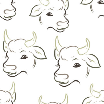 Seamless pattern of a brown bull cow on a white background. Design suitable for wallpaper, textile, fabric zoo, wrapping paper for gifts, bandanas, website, print on a t-shirt or clothing. Vector