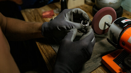 close-up. The jeweler makes a silver ring. On the island of Bali. Indonesia