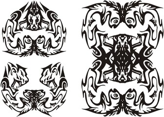 Fototapeta premium Abstract double lion and fish symbols. Fantastic symbols of aggressive lion and fish on a white background for tattoos, embroidery, prints, decorative compositions, etc.