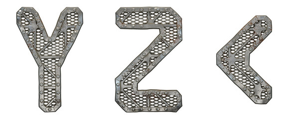 Mechanical alphabet made from rivet metal with gears on white background. Set of letters Y, Z and symbol left angle bracket. 3D