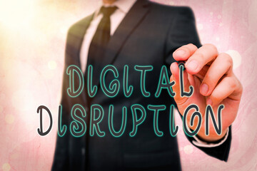 Word writing text Digital Disruption. Business photo showcasing occur when technologies affect...