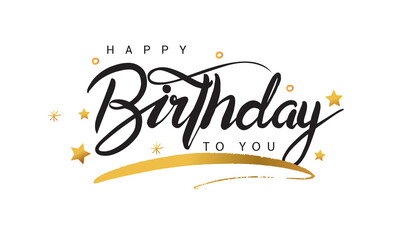 Happy Birthday.Beautiful greeting card scratched calligraphy black text word gold stars. Hand drawn invitation. Handwritten modern brush lettering white background.