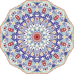 Seamless colorful pattern with Turkish motif. Hand drawn seamless abstract pattern from floral mandala. Majolica pottery tile, blue, yellow azulejo. Original traditional Portuguese and Spain decor