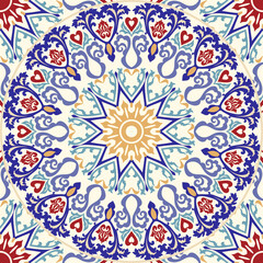 Seamless colorful pattern with Turkish motif. Hand drawn seamless abstract pattern from floral mandala. Majolica pottery tile, blue, yellow azulejo. Original traditional Portuguese and Spain decor
